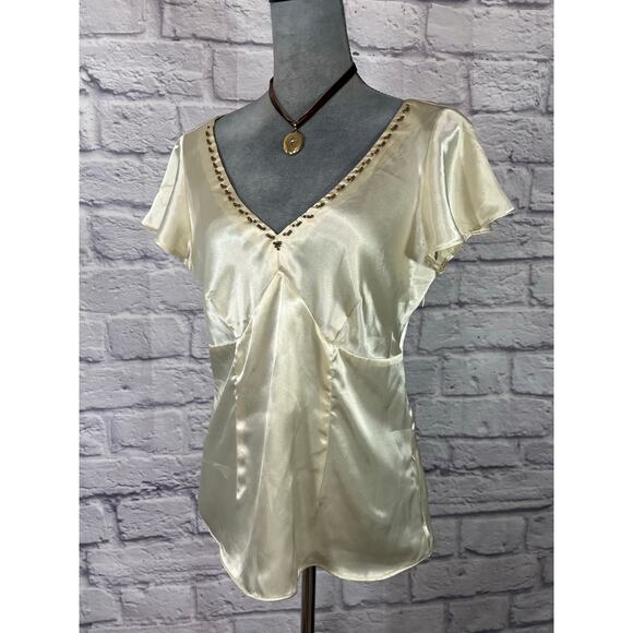 Pierre Cardin Tops - Vintage Y2K Pierre Cardin Satin Side Zip Fitted Blouse with Seed Bead Details